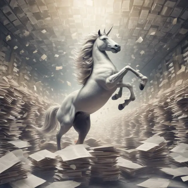 Unicorn flying above mountains of regulatory paperwork, signifying the challenges and opportunities faced by fintech startups