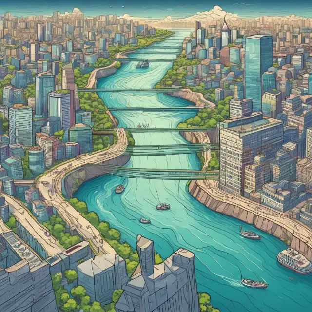 An open book symbolizing transparency, surrounded by a river of financial data. Banks, consumers, and tech companies connect via bridges, emphasizing collaboration.
