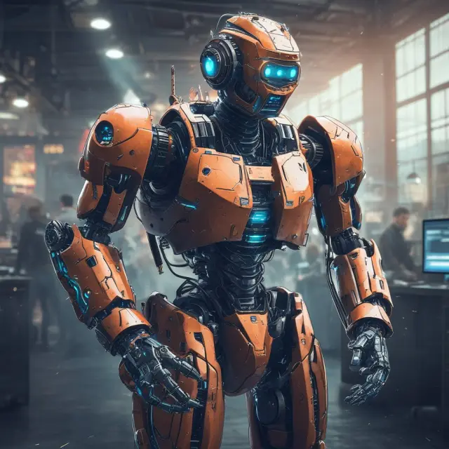 A robot hand with a shield (representing regtech) checks each piece of fintech data passing through, ensuring regulatory compliance.