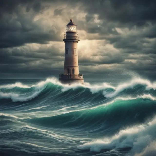 A fintech boat navigates turbulent waters with regulatory challenges as stormy waves, data security as a guiding lighthouse, and traditional financial institutions as anchors.