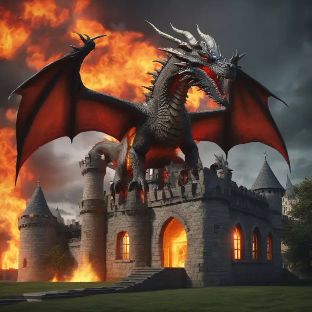 Dragon guards castle, symbolizing homeowners insurance protecting property from fire