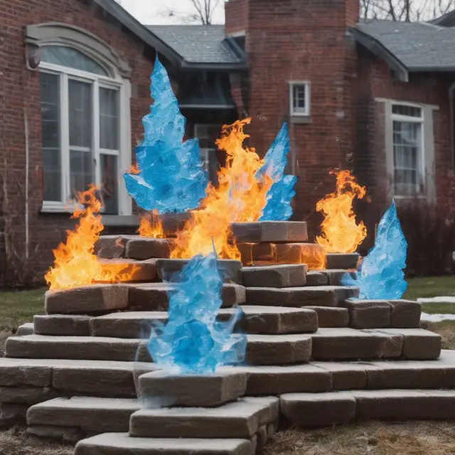 A visually balanced image featuring fire and ice sculptures symbolizing fire insurance and homeowners insurance, with a stable home on a brick foundation representing the comparison between the two.