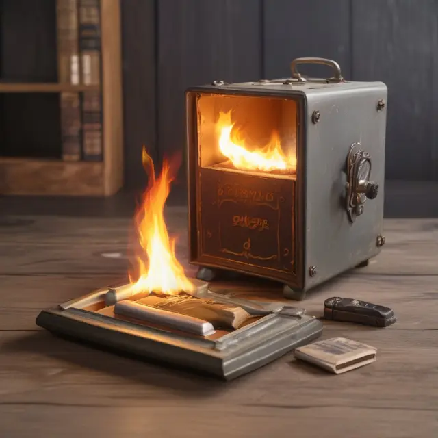 A fireproof time capsule opening to reveal photos, videos, and lists of property items, ensuring accurate documentation for a fire insurance claim
