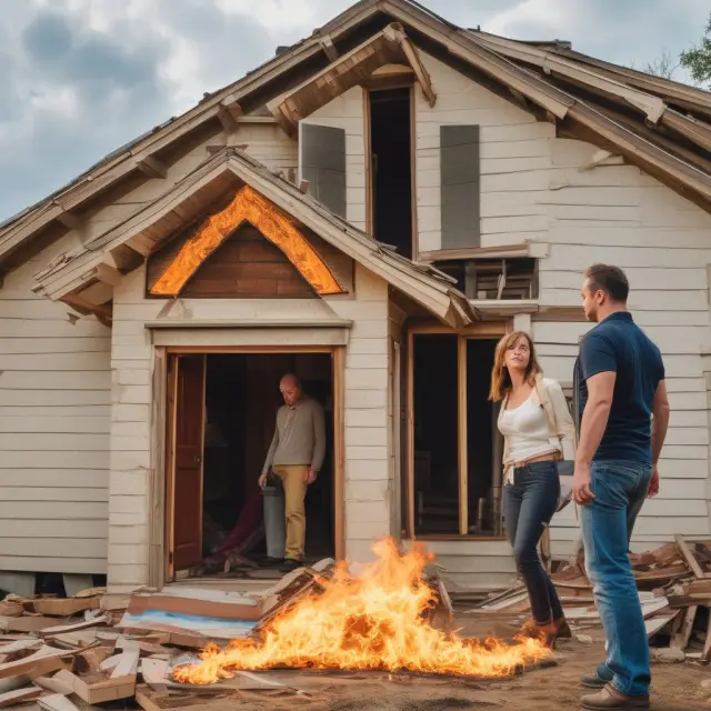 Homeowners journeying through a maze, supported by an understanding insurance adjuster during the complex process of filing a successful fire insurance claim.