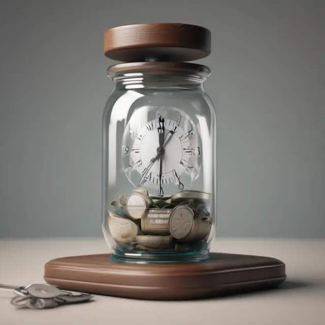 Image of a digital clock pouring detailed information into an open, labeled jar for insurance claims processing