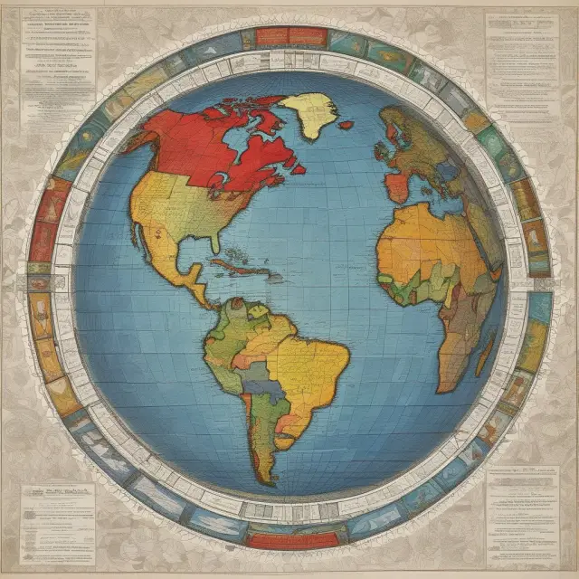 A globe divided between capitalism and communism during the Cold War, with contemporary first world countries represented as a diverse mosaic