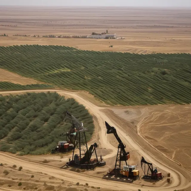 A contrasting image of an oil derrick in Saudi Arabia and an olive grove in Portugal symbolizing wealth disparities within first world nations