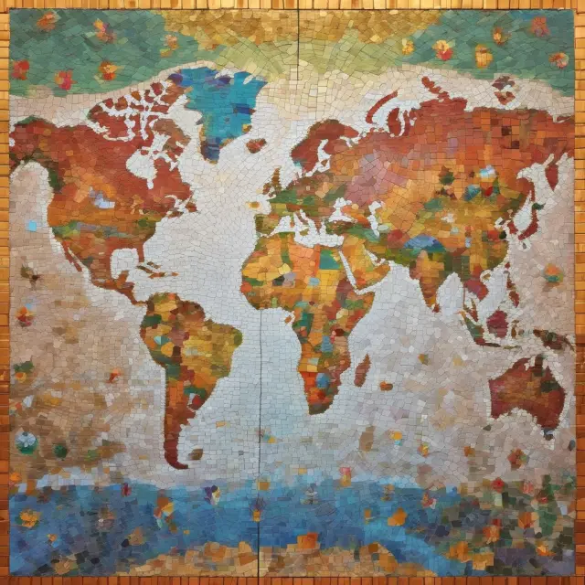 A mosaic map showcasing gold-hued first world countries and the vivid, multicolored BRICS nations as they merge, representing alternative economic classifications.