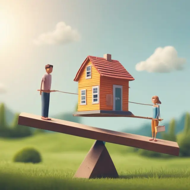 Homeowner holding a seesaw with one end balanced by a stable first mortgage and the other by a flexible second mortgage