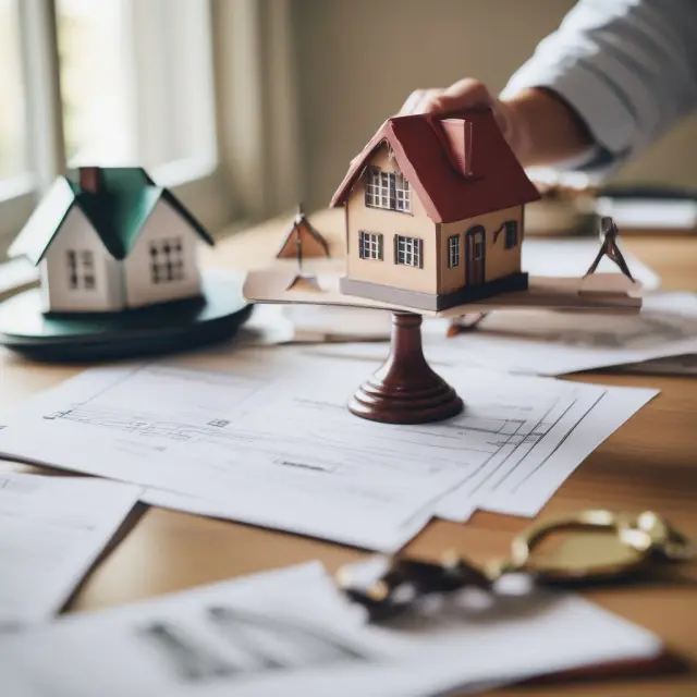 A homeowner thoughtfully considers the benefits and drawbacks of taking out a second mortgage with a balance scale illustrating a house and mortgage documents