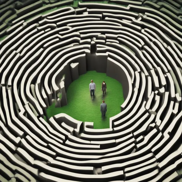 A homeowner stands in a maze, looking for solutions to manage first and second mortgage debt, accompanied by a supportive financial advisor