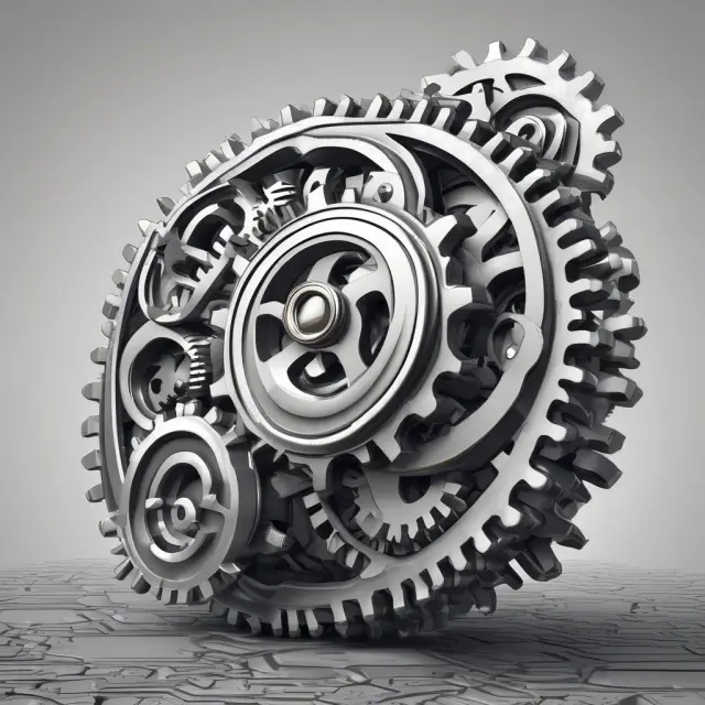A large gear system with interconnected cogs representing companies, illustrating cost savings and increased production efficiency through economies of scale