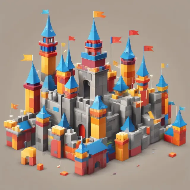 First mover constructing a castle, symbolizing industry leadership, with interchangeable bricks labeled 