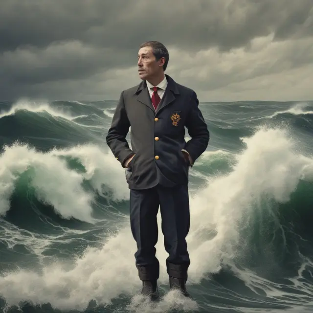 A solitary sailor braving stormy seas, symbolizing the challenges faced by first movers in maintaining market dominance through brand recognition and economies of scale.