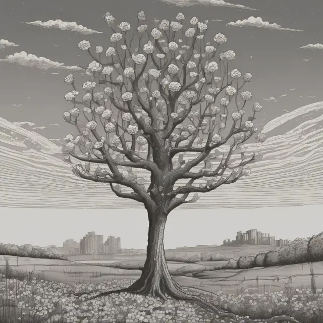 A tree personifying John Maynard Keynes and Richard Kahn, rooted in macroeconomics. Their ideas bloom as multiplier seeds leading to economic growth.