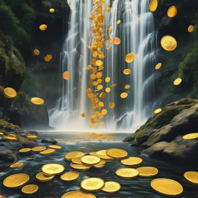 Golden coins flowing from a waterfall to represent fiscal multiplier concept and consumer spending