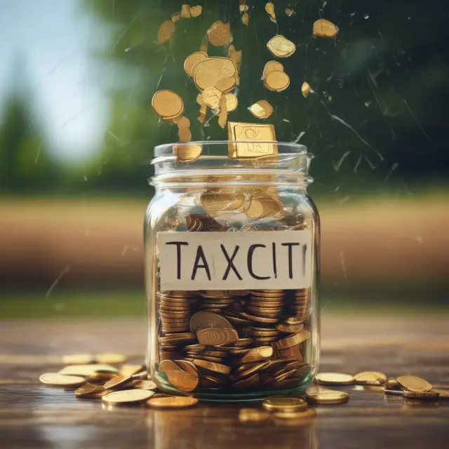 A golden tax cut coin showering coins onto a field, symbolizing economic stimulus. Some coins land in savings jars while others fund infrastructure projects