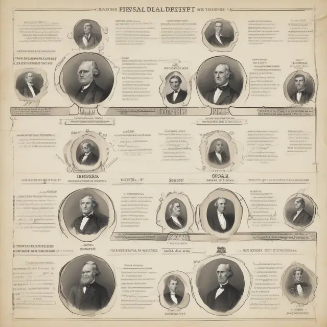 A scrolling timeline showing pivotal moments in U.S. history marked by fiscal deficits and the influential figures behind them.