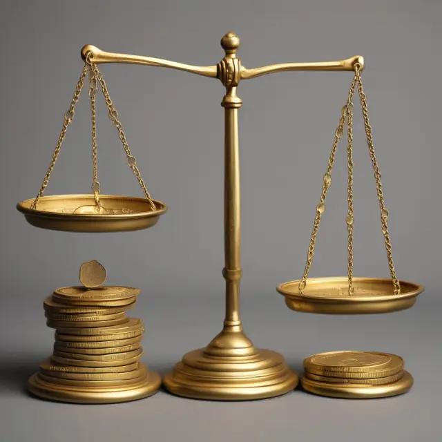 A pair of scales balanced on a table, filled with gold coins representing budget surpluses and deficits from Truman to Clinton eras