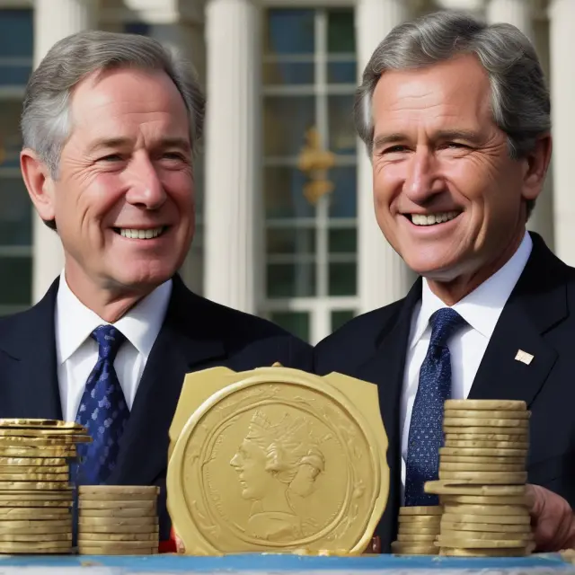 Golden scales balanced with the U.S. flags and the faces of Presidents Clinton and Bush symbolizing their respective instances of achieving a fiscal surplus