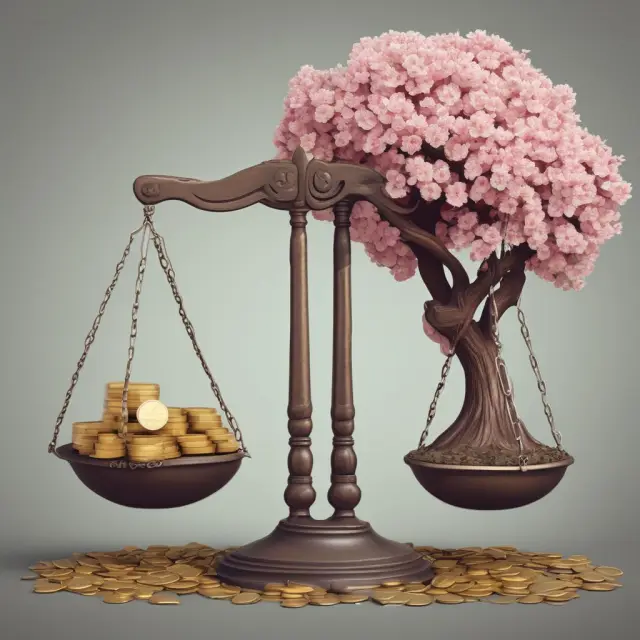 Scale comparing economic growth with fiscal deficits: blooming tree vs. heavy bag of coins