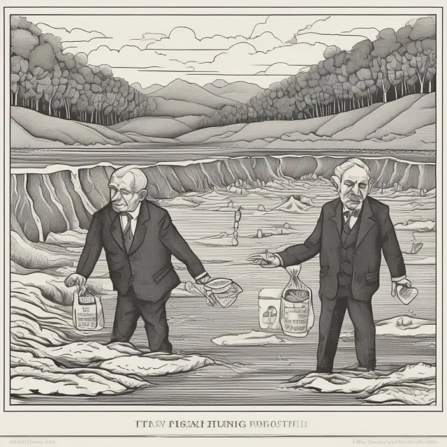 An imagery of fiscal deficits in the form of a river, with questions as droplets merging into the hands of Keynes and Truman, symbolizing their contributions to understanding and managing deficits