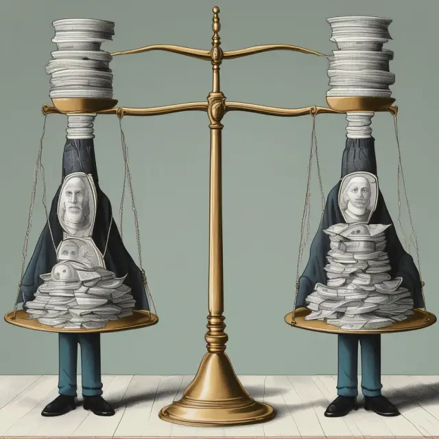 A set of scales representing fiscal policy is balanced with a mountain of public debt and political biases as weights