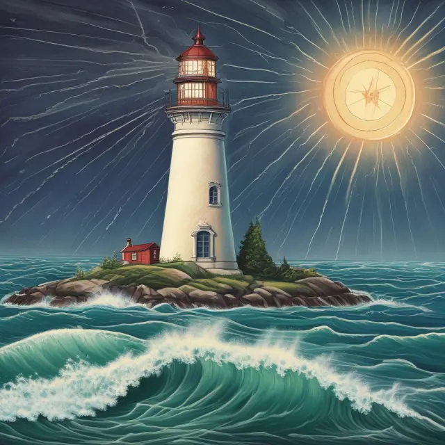 A compass representing fiscal policy guided by a lighthouse symbolizing monetary policy during economic seas, illustrating effective coordination for macroeconomic management
