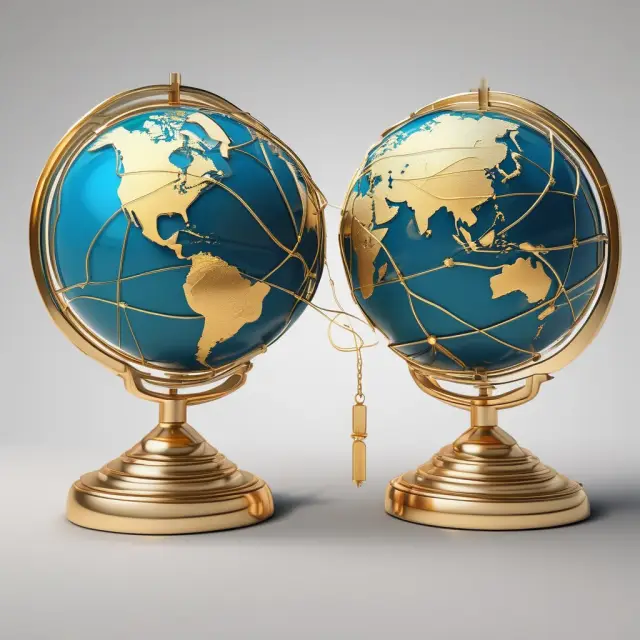 Two gold coins atop globes shifting heights, symbolizing currency exchange rates influenced by interest rate differentials in the International Fisher Effect