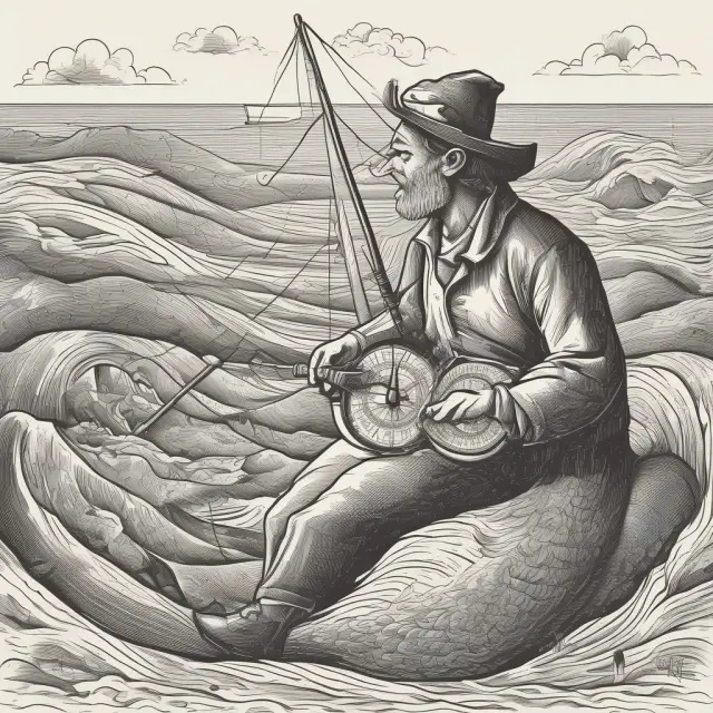 An investor sailing on a calm sea, using the Fisher Effect compass to navigate towards real estate and commodity investments, symbolizing profiting from inflation.
