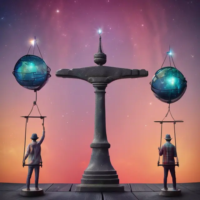 Two intertwined globes, each adorned with their respective Fitch and S&P rating scales, balanced atop a cosmic scale.