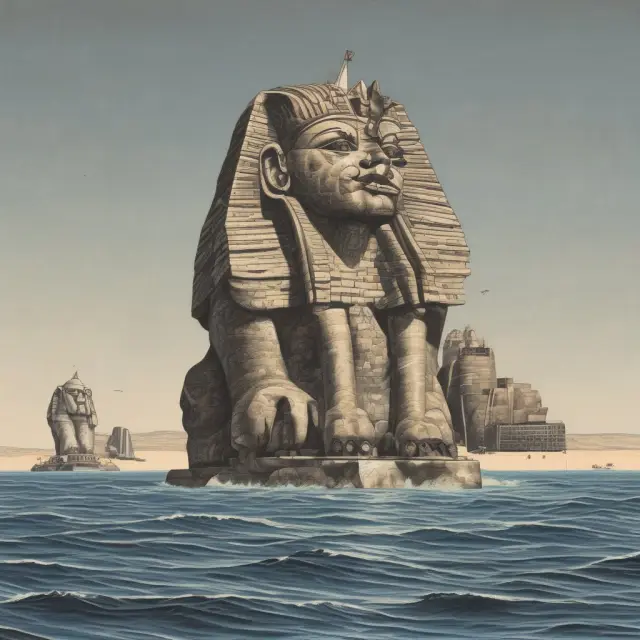 An image of the Sphinx, with a Fitch rating plaque in hand, guiding sailors navigating through a vast bond market sea, illustrating how Fitch