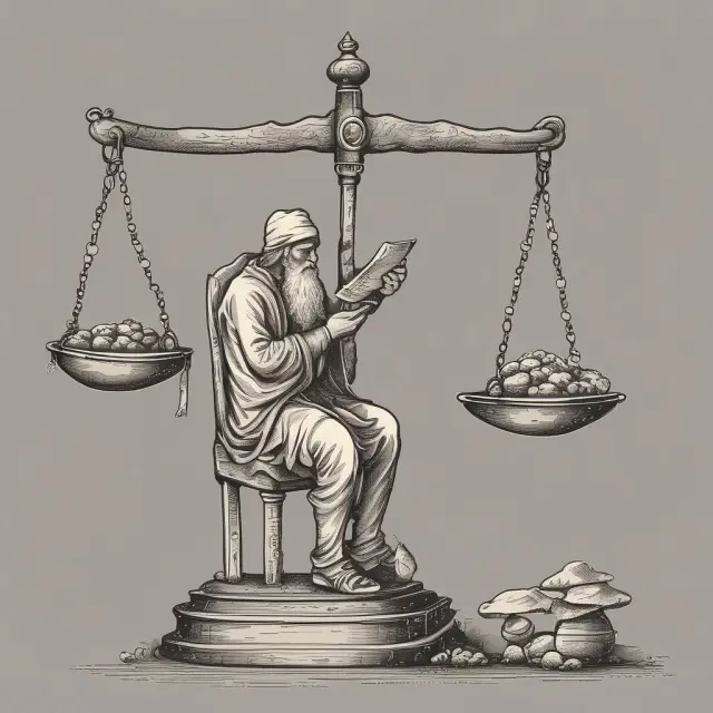 A mystical oracle, represented as an ancient statue, consulted by a lender weighing interest rates, loan types, and external elements on scales to determine borrower creditworthiness
