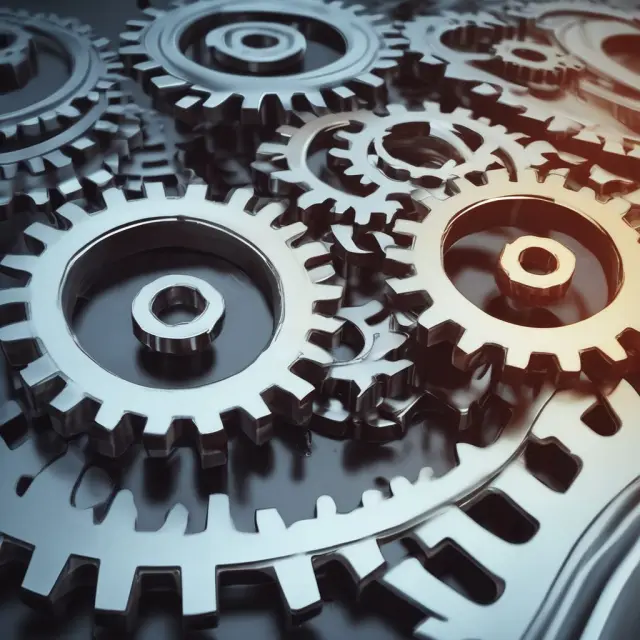Two interconnected gears, representing sales and fixed assets, spinning in harmony illustrating high FAT ratio efficiency.