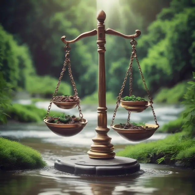 Scales with fixed assets on one side and a river symbolizing net sales on the other, emphasizing efficient usage of assets.