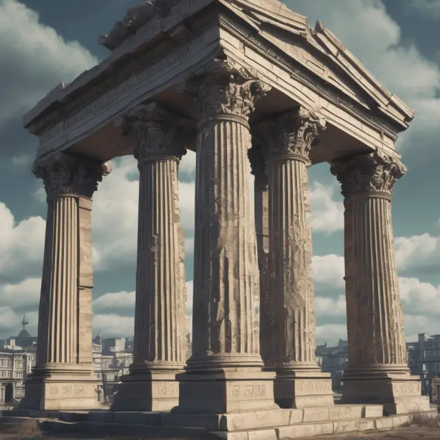Stone pillars symbolizing fixed capital surrounded by circulating capital represented by flowing currency