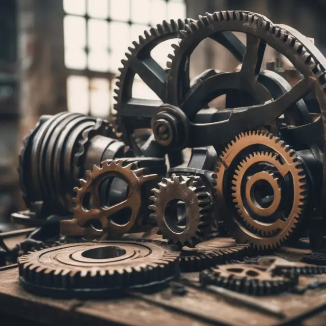 A well-oiled workshop filled with gears and machinery representing the foundation of industries through fixed capital investments