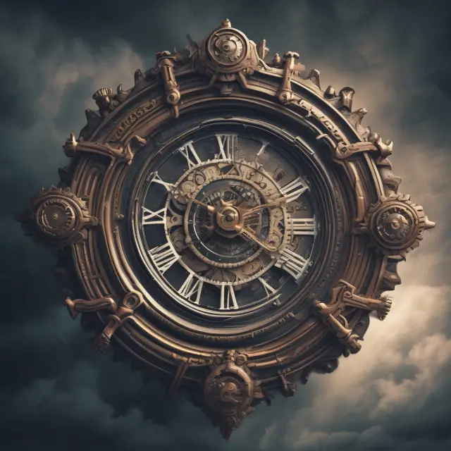 An intricate clock with gears symbolizing fixed capital assets, a hand pointing to financing options, and ominous storm clouds representing risks.