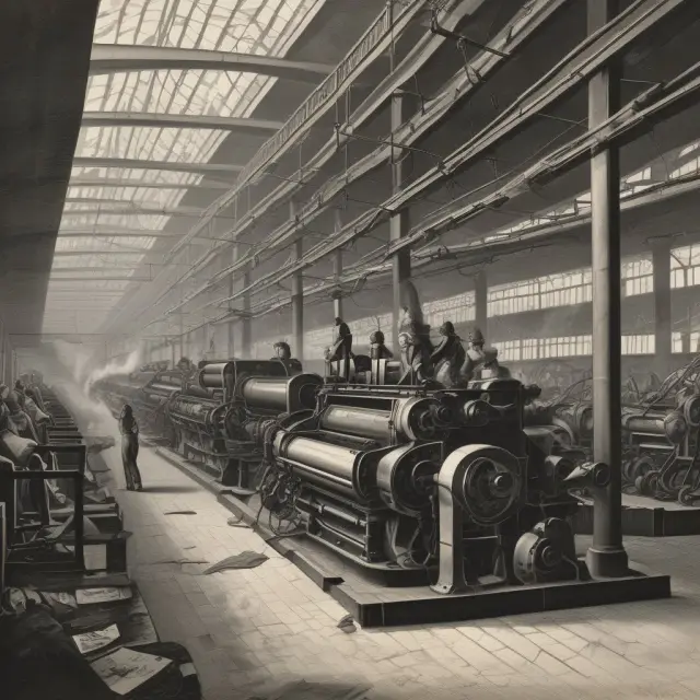 Image of a bustling mill during the Industrial Revolution, with power looms producing textiles and representing the impact of fixed capital on industries.