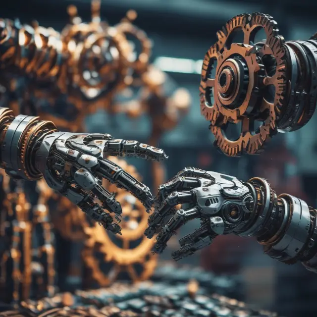 A robot hand releases gears, depicting technology