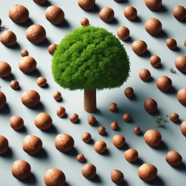 An acorn represents a growing company; wilted leaves symbolize FCCR limitations, while competing companies flourish, requiring comprehensive financial analysis