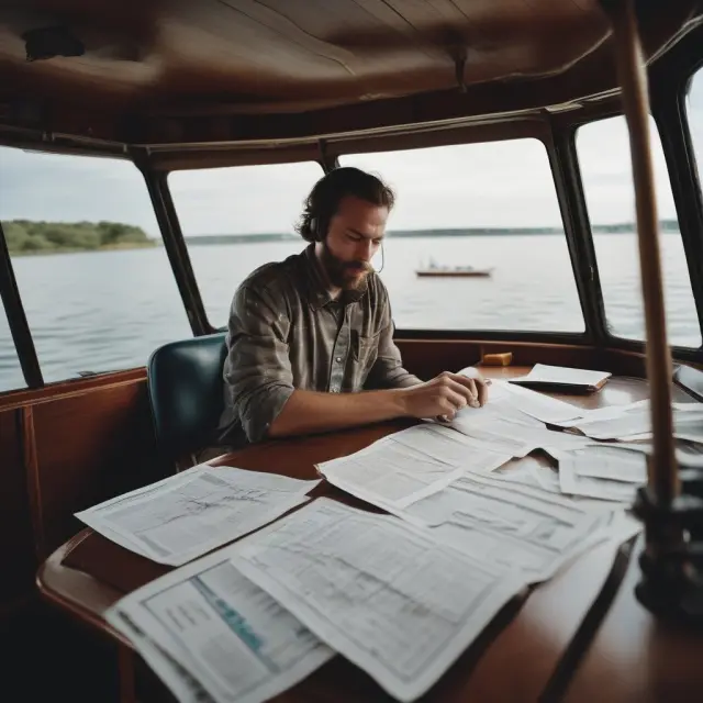 Borrower sailing through an amortization schedule on a stable boat, with consistent waters symbolizing the predictability of fixed-rate mortgage payments