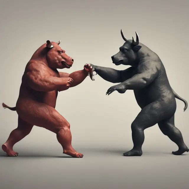 Bull and bear figures in a dance, representing the commitment to fixed-rate payments. Understanding pros and cons enables informed mortgage choices.