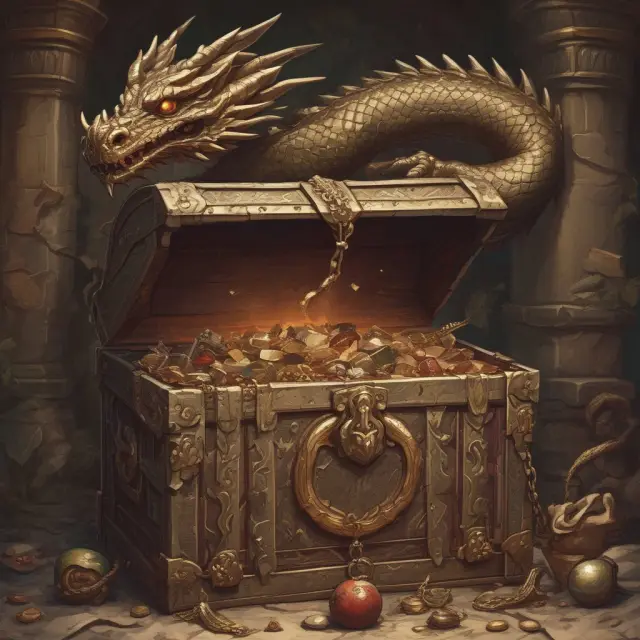 A dragon guarding a treasure chest with surrender penalties as scales, fees as golden chains, and illiquidity represented by the dragon