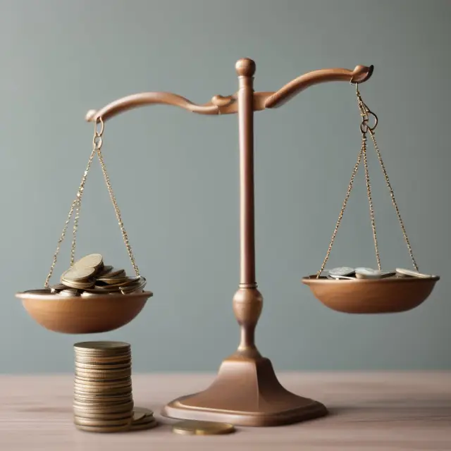 A balanced scale holds three pans: one labeled 