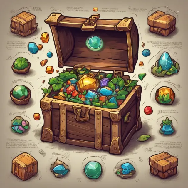 A treasure chest filled with gold coins symbolizing tangible fixed assets, surrounded by precious gems representing intangible assets