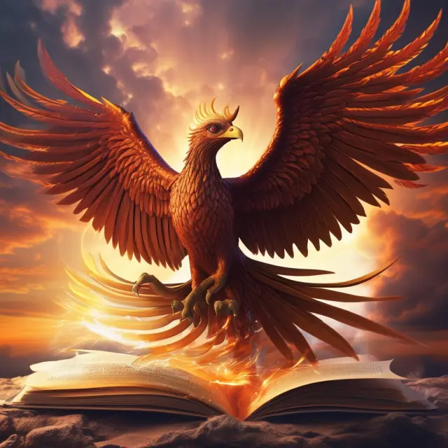 Phoenix bird emerging from an open IRS codebook, representing tax knowledge and financial growth