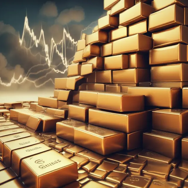A golden foundation made from fixed assets bricks and stable income, balanced against market fluctuations represented by waves.