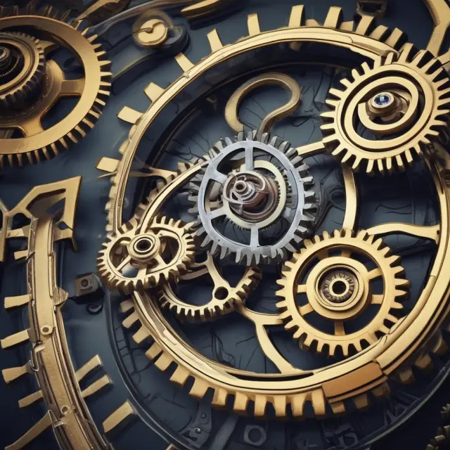 A stable scene with three interconnected gears and a clock