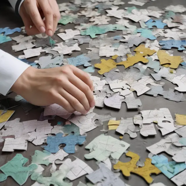 An accountant working on financial statement puzzles with consistent pieces representing fixed costs.